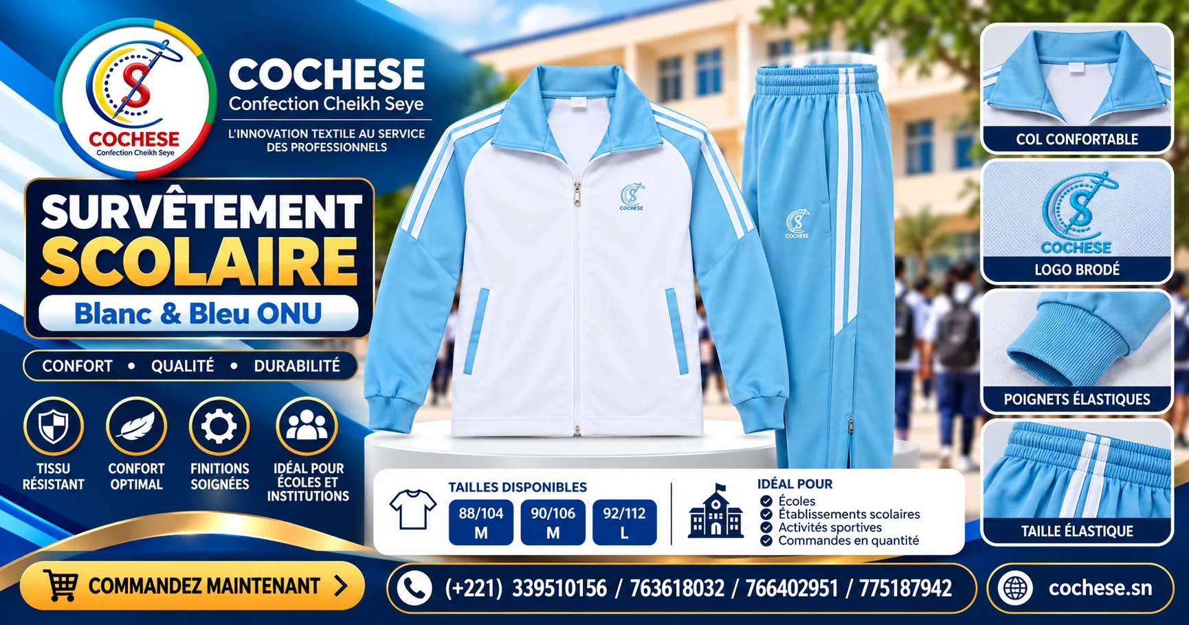 Survêtement scolaire blanc et bleu ONU – COCHESE